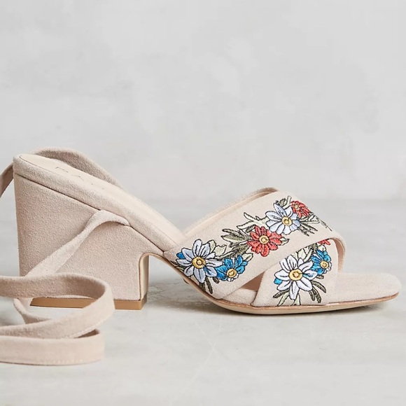 Anthropologie Raye Tan Suede Embroidered Floral Lace Up Heeled Sandals NWOB - Picture 5 of 14